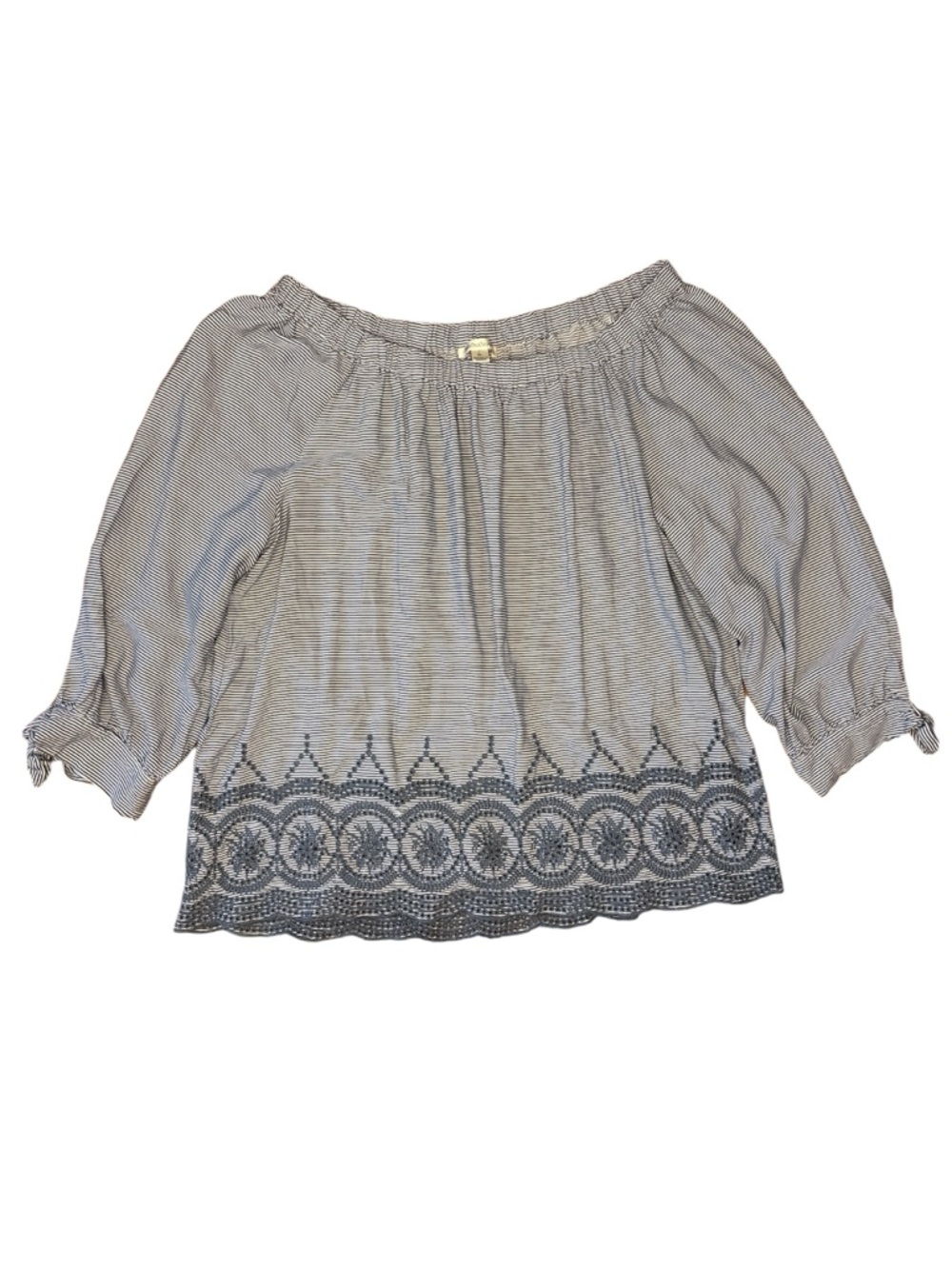 JohnPaulRichard Blue and White Striped Off-Shoulder Top with Embroidered Hem